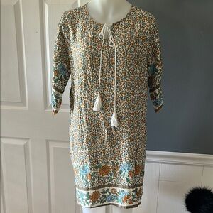 Halife Tan Floral Sheath Dress with Cuffed 3/4 Sleeves and Tassel Tie